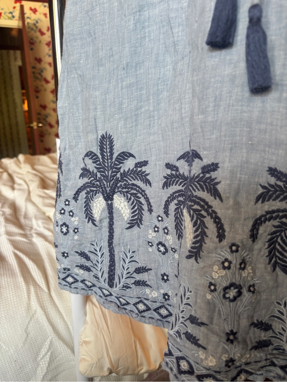 spartina 449 medium blue linen embroidered palm tree tunic dress coastal boho - Picture 4 of 9